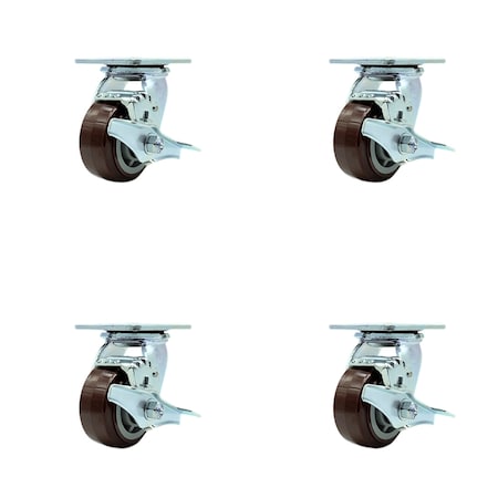Service Caster 4 Inch Polyurethane Swivel Caster Set with Roller Bearing and Brake SCC SCC-30CS420-PPUR-TLB-4